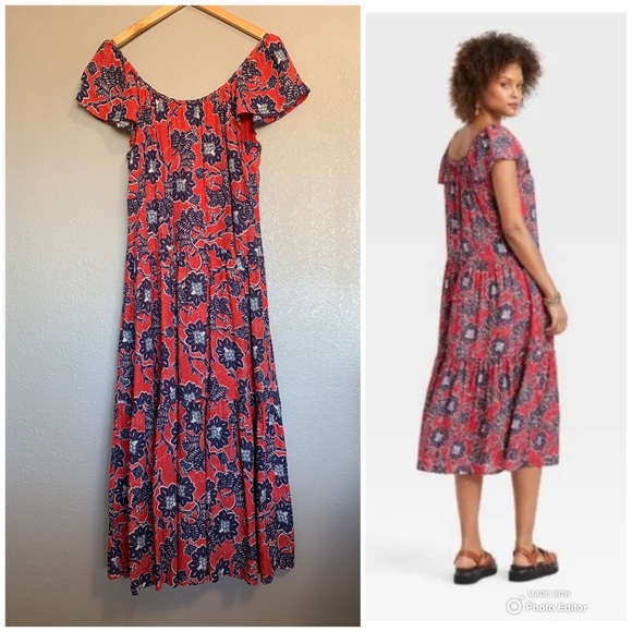 Knox Rose Red & Navy Blue Boho Short Sleeve Midi Dress Size Small *FLAWS* NWT - Picture 3 of 17